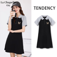 La Chapelle City拉夏贝尔 polo领撞色裙子 学院风短裙