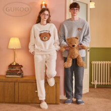 果壳（Gukoo）家居服女泰迪熊珊瑚绒睡衣女秋冬女士保暖睡衣套装家居服米粒绒D 米白女套装 L