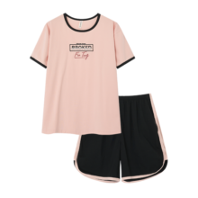 芬腾 睡衣女夏季纯棉新品刺绣休闲印花圆领套头家居服 萌粉 L