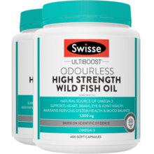 Swisse斯维诗 无腥味野生鱼油软胶囊天然欧米伽Omega-3 DHA+EPA 平衡血脂守护心眼脑 【进阶养护】高强度鱼油1500mg 2瓶装