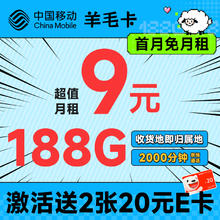 中国移动 羊毛卡 半年9元（本地号码+188G全国流量）激活送2张20元E卡