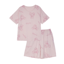 芬腾 睡衣女纯棉春秋季新品清新简约短袖短裤印花套头家居服套装 浅粉 L