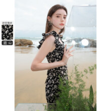 三彩 U领浪漫雪纺裙印花飞飞袖连衣裙碎花仙女裙