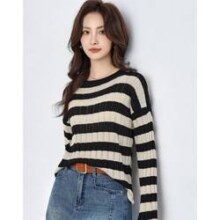 AiYiLian 爱依莲 圆领拼色条纹针织衫