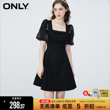 ONLY 春季法式方领短裙收腰显瘦弹力黑色牛仔连衣裙女