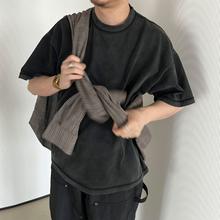 百亿补贴：卡丹狄诺 反领黑色水洗棉做旧炒色cleanfit短袖T恤男女宽松体恤衫