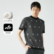 劲霸男装 男士春秋季时尚商务户外休闲衣绵羊毛圆领印花男式短袖T恤