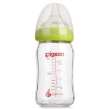 贝亲(Pigeon)宽口径玻璃奶瓶自然实感防胀气160ml配SS奶嘴(绿色旋盖)AA72