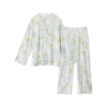 PLUS会员：芬腾 睡衣女秋季新款冰瓷棉田园花卉蕾丝V领开胸家居服套装 浅兰 L