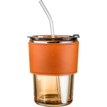 乐唯诗（NERVISHI）玻璃吸管杯竹节皮套玻吸管杯牛奶杯女杯子带盖早餐杯牛奶杯咖啡杯 【琥珀金】皮套吸管杯