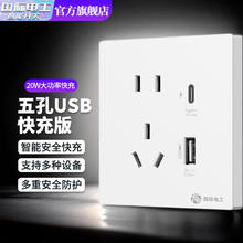 fdd 国际电工 USB插座面板带开关五孔插座家用手机快充闪充type-c暗装快充86型 五孔20W快充Type-c插座