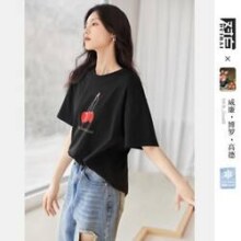 24日10点：DUIBAI 对白 撞色樱桃印花女式短袖T恤