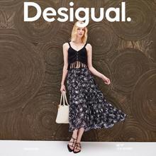 Desigual 24春夏飘逸伞摆花卉印花系带碎褶长款半截裙