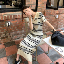 jk&js  条纹针织连衣裙女夏季POLO领过膝2023短袖长裙