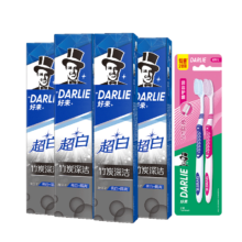 好来（DARLIE）原黑人 超白竹炭深洁牙膏4支（共480g）+牙刷2支 清新口气 去渍