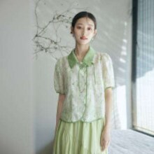 inman 茵曼 新中式盘扣短袖衬衣女 18322342HM097