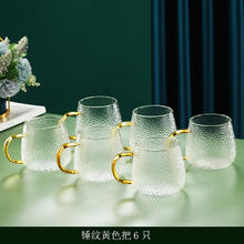 翼柏嘉轻奢锤纹玻璃杯水杯套装家用客厅待客茶杯耐高温杯子高级感带把手 锤纹黄色把6只