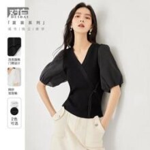 DUIBAI 对白 夏装新中式网纱泡泡袖盘扣针织衫
