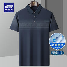 ROMON 罗蒙 中老年短袖polo衫夏季凉感翻领条纹爸爸装T恤男