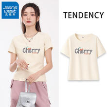 JEANSWEST 真维斯 短袖T恤女夏季2024新款简约休闲百搭体恤半袖上衣情侣装男女可穿 正肩款：杏-车厘子 M