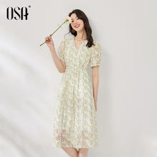 OSA 欧莎 清新碎花裙中长款v领雪纺连衣裙女夏季