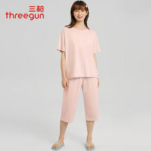 THREEGUN 三枪 情侣家居服男春夏季纯棉水柔棉圆领短袖短裤男士家居服套装 天霞粉 女 2XL