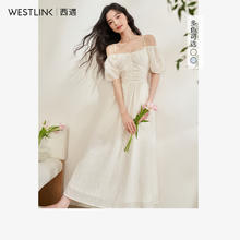 WESTLINK 西遇 V领泡泡袖茶歇连衣裙女2024春季新款褶皱高腰显瘦A摆裙子 白色 S