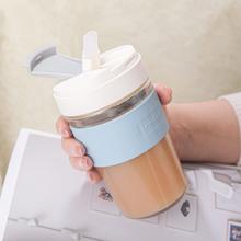 LOCK&LOCK 玻璃吸管杯咖啡牛奶手持杯男女学生情侣便携简约喝水杯子 460ML 浅蓝色 460ml