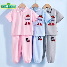 SESAME STREET 芝麻街儿童印花短袖套装2024夏季新款男女童翻领POLO衫套装洋气超 L01粉色 130