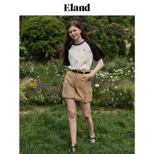 88VIP会员：E·LAND 衣恋 Eland衣恋撞色圆领短袖T恤女宽松上衣2024夏季新款