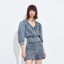 7日10点开始：ONLY 娃娃领荷叶边牛仔套装连衣裙女 121342031J32 母亲节专场