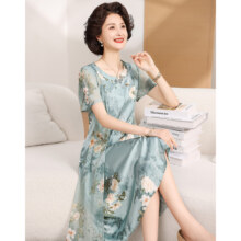 26日10点：福玛玛 简约旗袍裙 飘逸拼接印花夏季复古连衣裙妈妈装