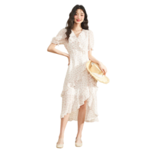 西遇法式V领连衣裙女2024年春夏季新款碎花浪漫收腰开叉荷叶边长裙 白/红色 S