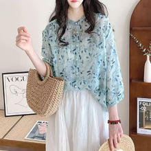 子牧棉麻 2024夏装 女上衣宽松复古立领文艺清新蓝碎花七分袖衬衫5028 蓝碎花 M(建议95-115斤)