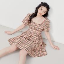 LEDIN 乐町 法式方领连衣裙春夏温柔格纹蛋糕裙收腰