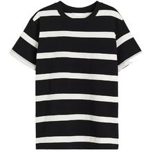 H&M HM女装T恤2024夏季柔软棉质流行舒适休闲圆领短袖条纹上衣0963662