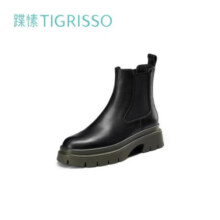 蹀愫（tigrisso）冬新轻便彩色百搭一脚蹬粗跟切尔西短靴TA32732-51 黑色 35