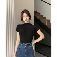 H 纯欲风半高领短袖T恤女2024夏季修身显瘦打底衫内搭学生上衣ins潮 黑色 XL