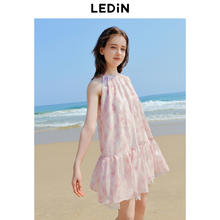 LEDIN 乐町 山茶少女挂脖短裙24年夏季新款粉色晕染碎花连衣裙A版娃娃裙