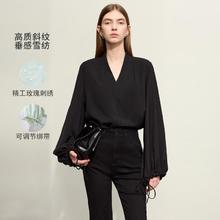 AMII 24春V领字母玫瑰刺绣雪纺衫绑带灯笼袖国风上衣