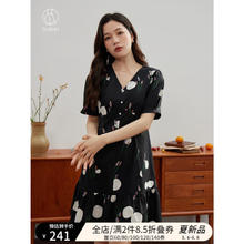 DUSHU 独束 大码女装小众撞色设计印花V领连衣裙女夏苹果型专属微胖mm裙 黑底花色 XL