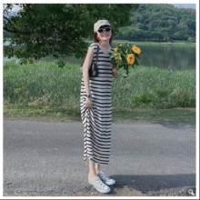 JKJS 连衣裙女气质高级感夏季条纹镂空长款过膝宽松显瘦休闲t恤裙子