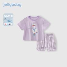 JELLYBABY 女童套装短袖两件套小动物印花圆领格子灯笼裤萌趣宽松透气女宝宝59.9