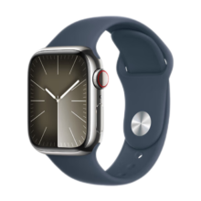 plus会员：Apple/苹果 Watch Series 9 智能手表GPS+蜂窝款41毫米银色不锈钢表壳风暴蓝色运动型表带S/M MRJT3CH/A