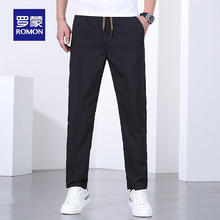 ROMON 罗蒙 系带休闲裤男2024春夏新款中青年时尚百搭纯色松紧裤 7K035607黑色