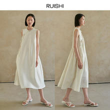 RUISHI芮时 珠光醋酸天丝新中式盘扣系带小立领无袖连衣裙女夏季