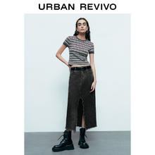 URBAN REVIVO UR2024夏季新款女装开衩腰带牛仔半裙UWV840163