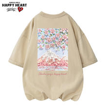 CHARLES JANG'S HAPPY HEART 查尔斯桃心 潮牌短袖T恤男女同款 雪山樱花油画印花休闲圆领宽松青年打底衫