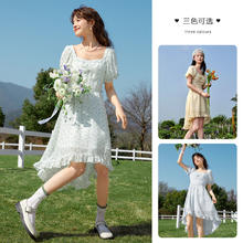 Semir 森马 连衣裙女方领泡泡袖文艺小清新夏天温柔肌理碎花裙森系新款