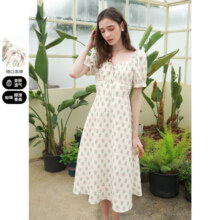 3COLOUR 三彩 法式碎花连衣裙方领系带A字裙收腰女中长裙